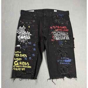Smoke Rise Mens 36 Black Denim Shorts Graffiti Paint Distressed Streetwear Y2K